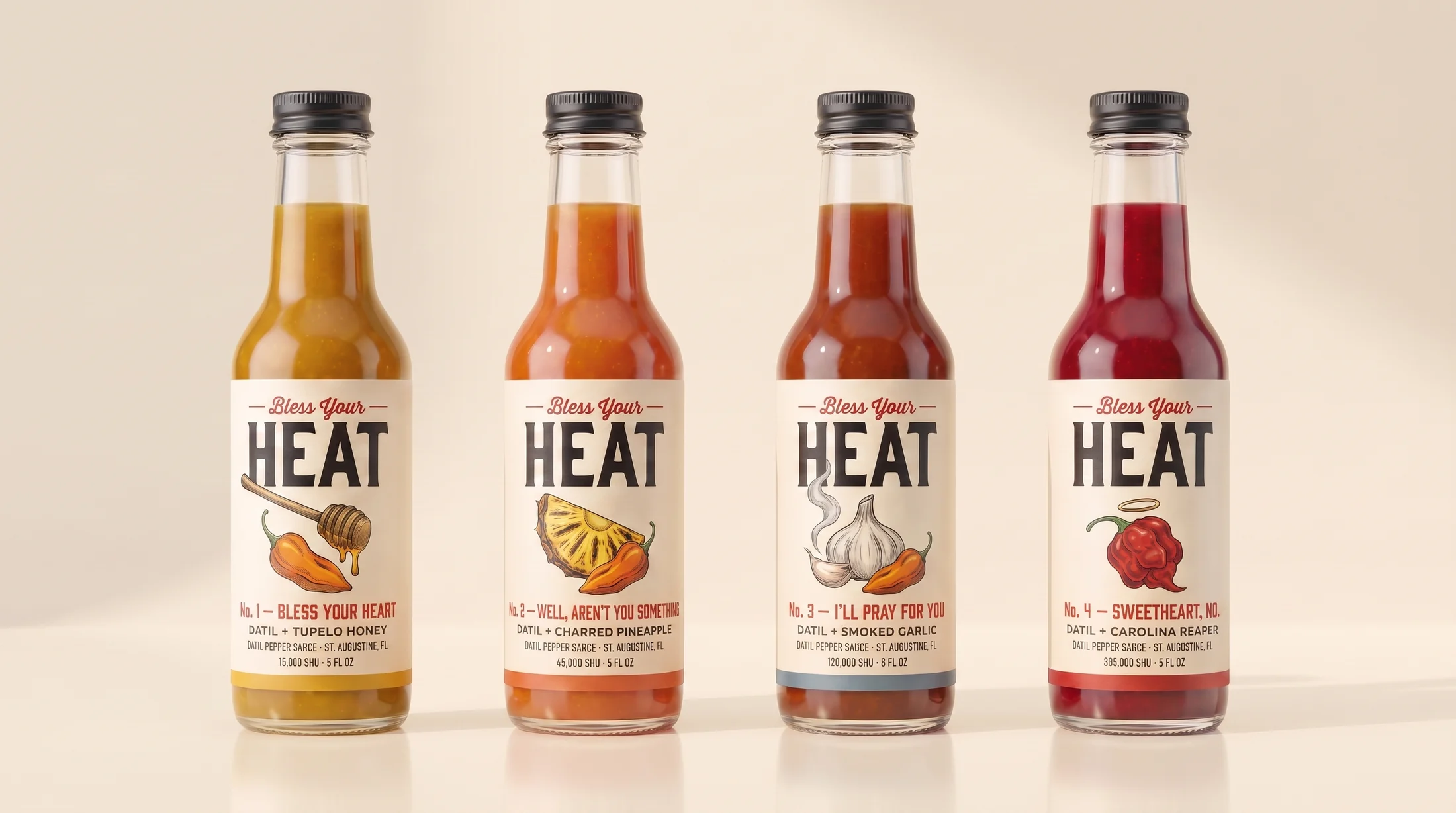 All four Bless Your Heat bottles in a row, No. 1 through No. 4, on a warm cream background.
